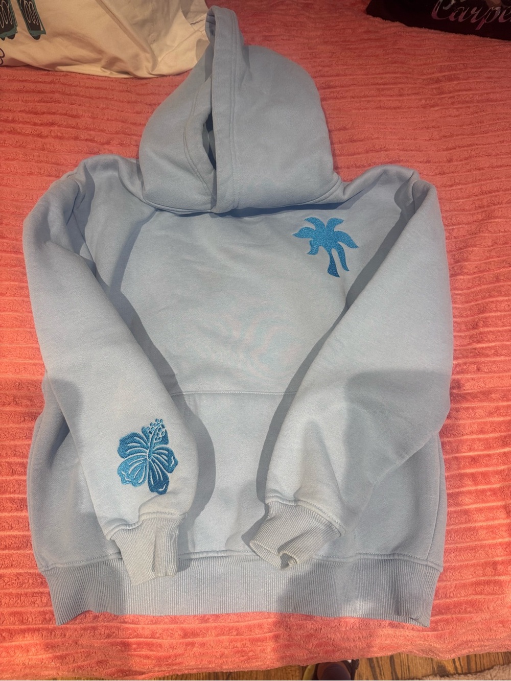 Light Blue Women's Hooded Vest Sweatshirt with Tropical Embroidery